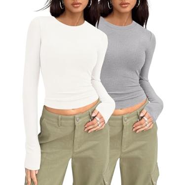 Imagem de MASCOMODA Camisetas femininas de manga comprida para sair, pacote com 2, camisetas básicas casuais de malha canelada, justas, gola redonda, Bege, branco, cinza, P