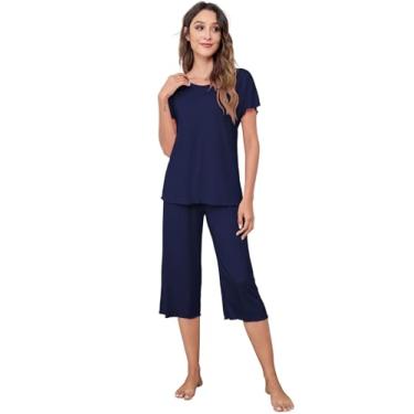 Imagem de QUALFORT Pijama feminino macio, conjunto de pijama de manga curta, tamanho grande, P-3GG, Azul marino, M
