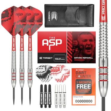 Imagem de Target Darts Conjunto de dardos Nathan Aspinall 22G com ponta de aço de tungstênio - 9 eixos de aderência profissional - 9 voos Pro Ultra - Carteira de dardos - Pacote de cupons de aplicativo de