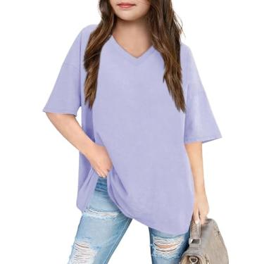Imagem de Camiseta feminina grande verão manga curta solta túnica casual gola V, Roxa, 13-14 Anos