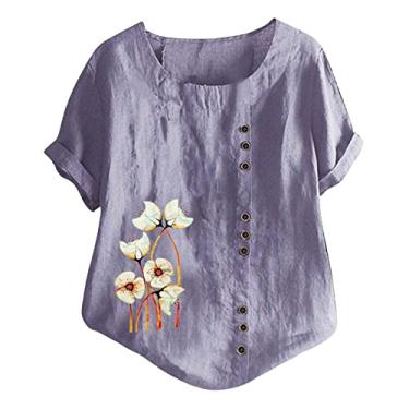Imagem de Camiseta feminina de linho com estampa floral, manga curta, gola redonda, botão, túnica folgada para o verão, Roxo #1, G