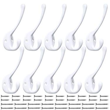 Imagem de IBosins Pacote com 10 ganchos de revestimento duplo resistentes para parede, montados com 40 parafusos retrô ganchos duplos utilitários pretos para casaco, cachecol, bolsa, toalha, chave, boné, chapéu (cobre vermelho), Branco