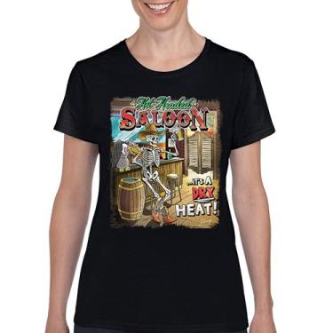 Imagem de Camiseta feminina Hot Headed Saloon But its a Dry Heat Funny Skeleton Biker Beer Drinking Cowboy Skull Southwest, Preto, GG