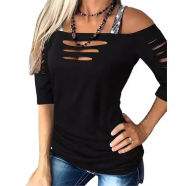 Imagem de Camiseta feminina recortada com ombro vazado manga lacerada gola quadrada blusa casual verão camiseta rock tops, Preto 1, G