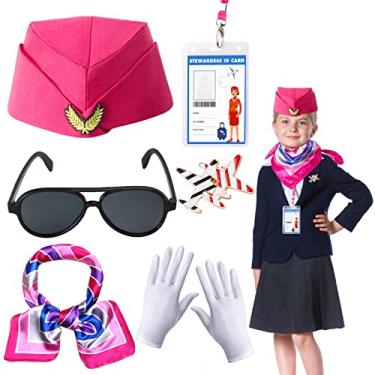 Imagem de Keymall Conjunto de acessórios de fantasia de comissário de bordo para crianças de aeromoça Kits de fantasia de anfitriã de linha aérea para meninas fantasia de cosplay de carreira de Halloween (Rosa)
