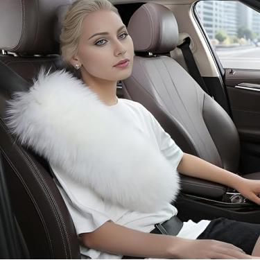 Imagem de OGLAND Capas de cinto de segurança de pele de carneiro de lã longa de pelúcia, capas de almofadas de cinto de segurança fofas para marcapasso adultos crianças mulheres carro universal, 1 pacote marfim