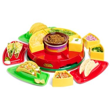 Imagem de Nostalgia Taco Tuesday – Conjunto de servir barra de taco Susan aquecida para festa com 4 suportes de tortilha, panela de fondue para burritos, nachos e fajitas – 590 ml – Vermelho