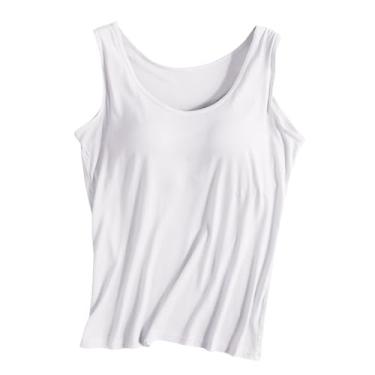 Imagem de Lainuyoah Regata atlética de verão para mulheres 2024 com alças largas acolchoadas sem mangas gola redonda camiseta de verão sutiã embutido, A - Branco, XXG