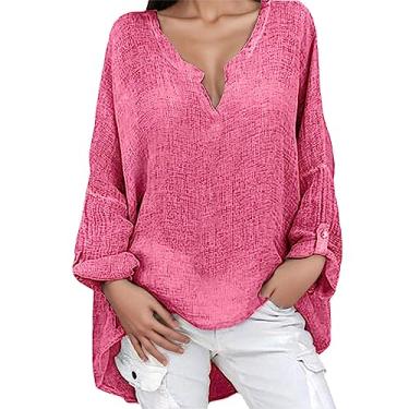 Imagem de Lainuyoah Lindas blusas femininas de verão 2024 da moda de caimento solto 2024 blusas de linho primavera gola V camisa de manga dobrável, C - rosa, 3G