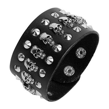 Imagem de STWTR Rebites de metal preto punk rock motociclista cinto largo pulseira de couro guarda alça de pulso caveira, One Size, Couro, Sem pedras