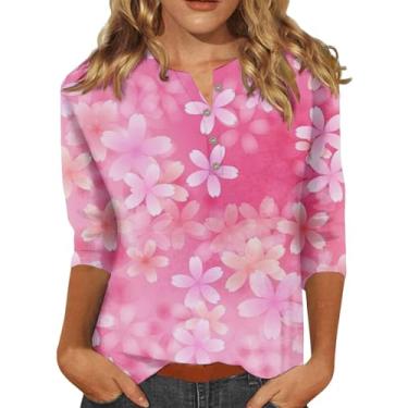 Imagem de Camisetas femininas com gola V e manga 3/4, casuais, básicas, de verão, estampa floral, botões, solta, túnica, #01 - rosa, M