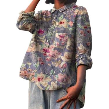 Imagem de Camiseta feminina de verão, estampa de linho, lapela e gola com botões, manga comprida, caimento solto, túnica, Cinza, 3G