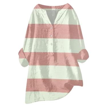 Imagem de Camiseta feminina de algodão e linho, gola V, botão, manga comprida, grande, tops casuais colorblock, Caqui, P