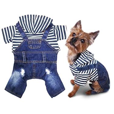 Imagem de SILD Macacão jeans para animais de estimação, moletom com capuz azul bacana médio para cães pequenos jaqueta clássica azul vintage lavado coletes (M)