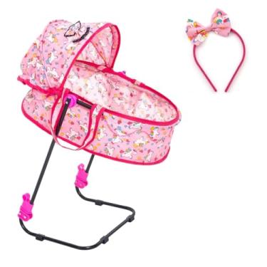 Imagem de Berço de Boneca Veneza 2 em 1 Bebê Conforto Unicórnio Rosa/Pink com Tiara