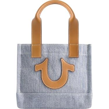 Imagem de True Religion Sacola, mini bolsa de viagem jeans feminina com alça de ombro ajustável e logotipo em ferradura, azul, Azul, Sacola, mini bolsa de viagem jeans feminina com alça de ombro ajustável e