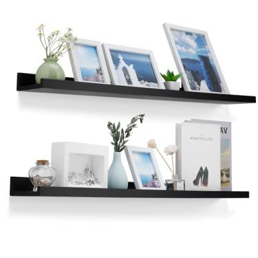 Imagem de MBYD Prateleiras flutuantes de 91 cm pretas, prateleiras suspensas de madeira, prateleiras de borda para fotos, para parede com lábios, conjunto de 2, prateleira montada na parede para quarto, quarto