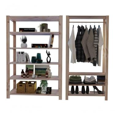 Imagem de Arara Nova Reforçada E Estante De Chão Minimalista Combo Madeira Natural Sala