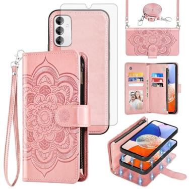 Imagem de Asuwish Capa de celular para Samsung Galaxy A14/M14 5G Carteira com zíper destacável com protetor de tela de vidro temperado alça transversal porta-cartão de flores A 14 4G 14A 14M G5 mulheres meninas