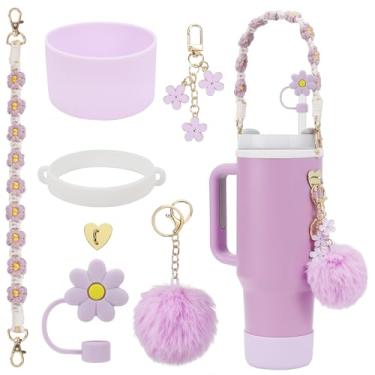 Imagem de Conjunto de acessórios para copos Stanley, 1 alça de garrafa de água, 1 capa de silicone de copo, 1 capa de silicone de canudo, 2 pingentes Stanley para copo Stanley de 1,2 L e copo de 887 ml (roxo)