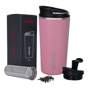 Imagem de GiNT Caneca de chá de viagem com isolamento térmico de 500 ml com tampa deslizante e tampa flip com filtro, garrafa de água de aço inoxidável reutilizável para xícara de chá de café fria ou quente | Com alça de metal | 500 ml (rosa)