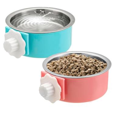 Imagem de Mechpia 2 pacotes de tigela para cães, removível aço inoxidável Pet Kennel Hanging Food Alimentador de água tigela para filhote médio cão gato coelho furão pássaro
