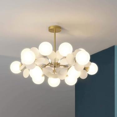 Imagem de WLHGSYX Lustre dourado Sputnik, lustre de 9 luzes de meados do século com sombra de vidro globo branco ajustável altura ajustável luminária pendente de metal para sala de estar