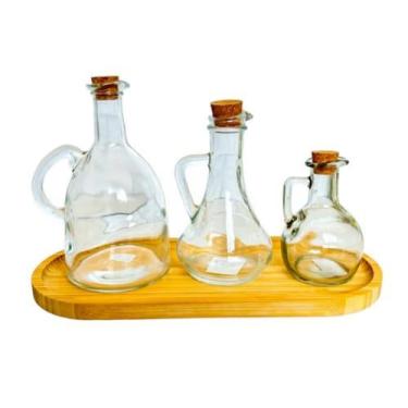 Imagem de Kit 3 Galheteiros Garrafas para Oléo com Tampa de Rolha + Bandeja de B