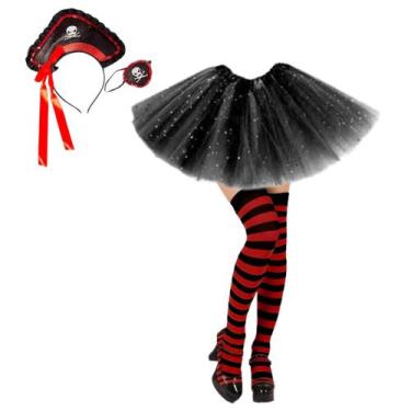 Imagem de Fantasia Feminina Pirata Linda e barata Acessórios Saia meia tiara e t