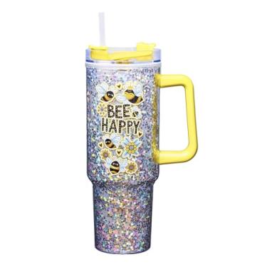 Imagem de Spoontiques Caneca de viagem de acrílico Bee Happy 1,134 g - acrílico de parede dupla com trava deslizante tampa de viagem e canudo - 28 cm de altura