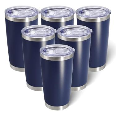 Imagem de AIANJI Copo de 590 ml de aço inoxidável a granel com tampa isolado a vácuo parede dupla caneca de café de viagem copo revestido em pó para bebidas quentes e frias (azul marinho, pacote com 6)