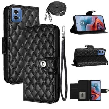 Imagem de Dswteny Capa carteira para Motorola Moto G34 com alça de ombro transversal, padrão Argyle PU couro flip suporte para cartão de crédito capa para celular MotoG34 meninas mulheres preta