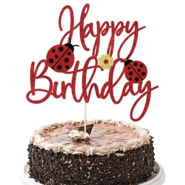 Imagem de YUINYO Ladybug Happy Birthday Cake Topper Red Glitter Daisy Ladybug Cake Decoration Garden Bugs Insect Spring Summer Themed Birthday Party Supplies (red)