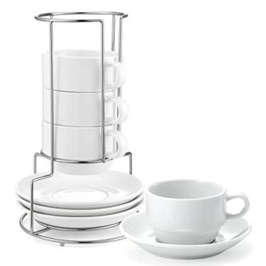 Imagem de Yedio Xícaras de café expresso de porcelana com pires e suporte de metal, copos de cappuccino empilháveis de porcelana com suporte de metal, branco, conjunto de 4