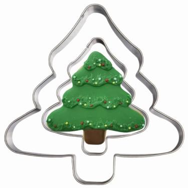 Imagem de Conjunto de 2 peças de cortadores de biscoito em forma de árvore, moldes de cortador de fondant de árvore de Natal de aço inoxidável, faça você mesmo (forma de árvore E)