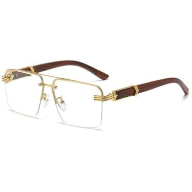 Imagem de Bsreyeop Óculos de sol aviador quadrados para mulheres e homens, meia armação, vintage, corte diamante, lentes clássicas gradientes, Armação com padrão de madeira/lente transparente E6, MM