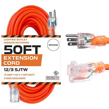 Imagem de IRON FORGE 12 Gauge Extension Cord 50 Ft Lighted Plug - 12 AWG Heavy Duty Extension Cord with 3 Prong, Construction Grade Orange Outdoor Cord 12/3 15 AMP, Great for Major Appliances - US Veteran Owned