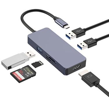 Imagem de Hub USB C, adaptador 6 em 1 USB C com 4K USB C para HDMI 3 portas USB 3.0, leitor de cartão SD/TF 3.0, base USB-C para MacBook Pro Air (Thunderbolt 3) e outros laptops USB tipo C