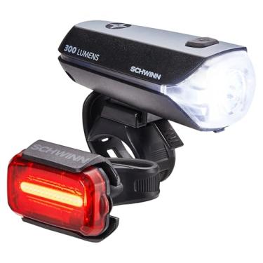 Imagem de Schwinn Conjunto de luzes LED para bicicleta, farol dianteiro recarregável por USB e luz traseira traseira/traseira operada por bateria, com alça de silicone de montagem sem ferramentas, conjunto de