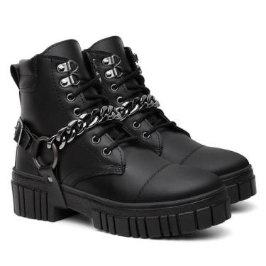 Imagem de Bota Feminina Coturno Tratorado Preto com Correntes Prata - Rizzi Shoe