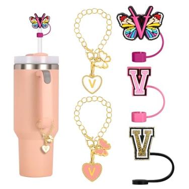 Imagem de (3+2) Stanley Cup Acessórios, 3 peças 10 mm carta canudo tampa tampa com 2 peças pingentes de coração borboleta para Stanley Cup 30 & 1,134 g, bonito topo de palha e pingentes para copo Stanley (rosa