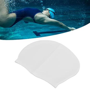 Imagem de Touca de natação, touca de banho de silicone à prova d'água capa de cabeça de natação profissional cabelo longo com tampões de ouvido com proteção de orelha (branco)