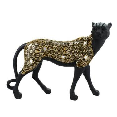 Imagem de Guepardo Preto Detalhes Dourado 34cm - Enfeite Decorativo Resina - Tai