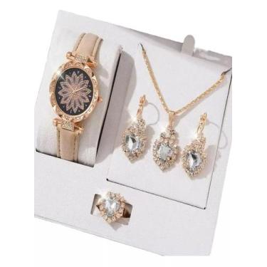 Imagem de Kit Feminino Pedra Cravejada + Relógio Rose Banhado a Ouro - ToJoia18k
