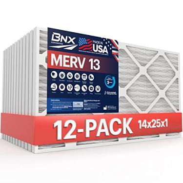 Imagem de BNX Filtro de ar MERV 13 14 x 25 x 1 pacote com 12 - Feito nos EUA - Filtros de ar condicionado plissados eletrostáticos HVAC AC - Remove pólen, mofo e bactérias