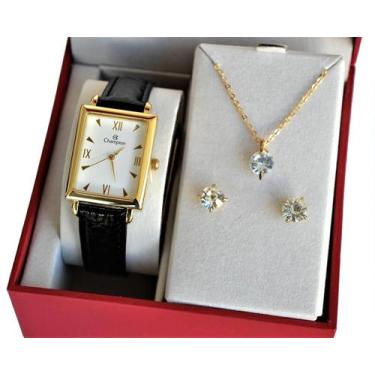 Imagem de Relogio champion quadrado couro visor branco ch20208w + kit semi joia