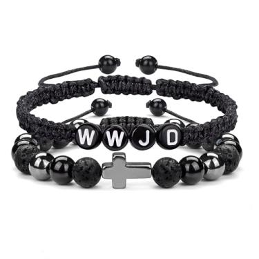 Imagem de GolbalJew Pulseiras de contas cruzadas para homens cristãos católicos ajustáveis 8 mm obsidiana hematita lava rock conjunto de pulseiras presentes de aniversário do dia dos pais, 7.4-9.4in, Pedra, Sem