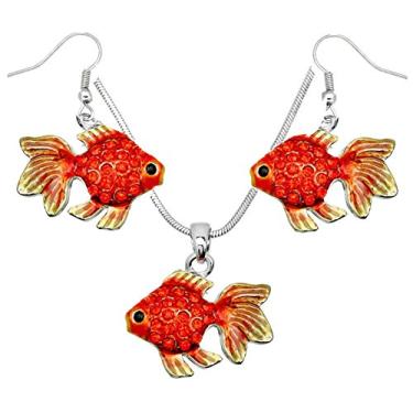 Imagem de Conjunto de colar e brincos com pingente de peixe dourado DianaL Boutique bonito conjunto de corrente de 43 cm ouro peixe joia moderna