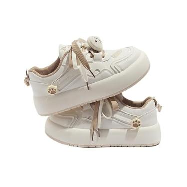 Imagem de Fujedmog Tênis de caminhada feminino com plataforma Y2K, cáqui, branco, macio, confortável, fofo, desenho animado, urso de peixe, decoração, cadarços de duas cores EUA 4-8, Caqui, 35