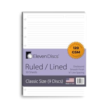 Imagem de Eleven Discs Papel Discbound Paper, Folhas pautadas/forradas de tamanho clássico – Refis premium de 120 g/m² – 9 discos, 18 x 23,5 cm – perfurado para planejador feliz (50 folhas)